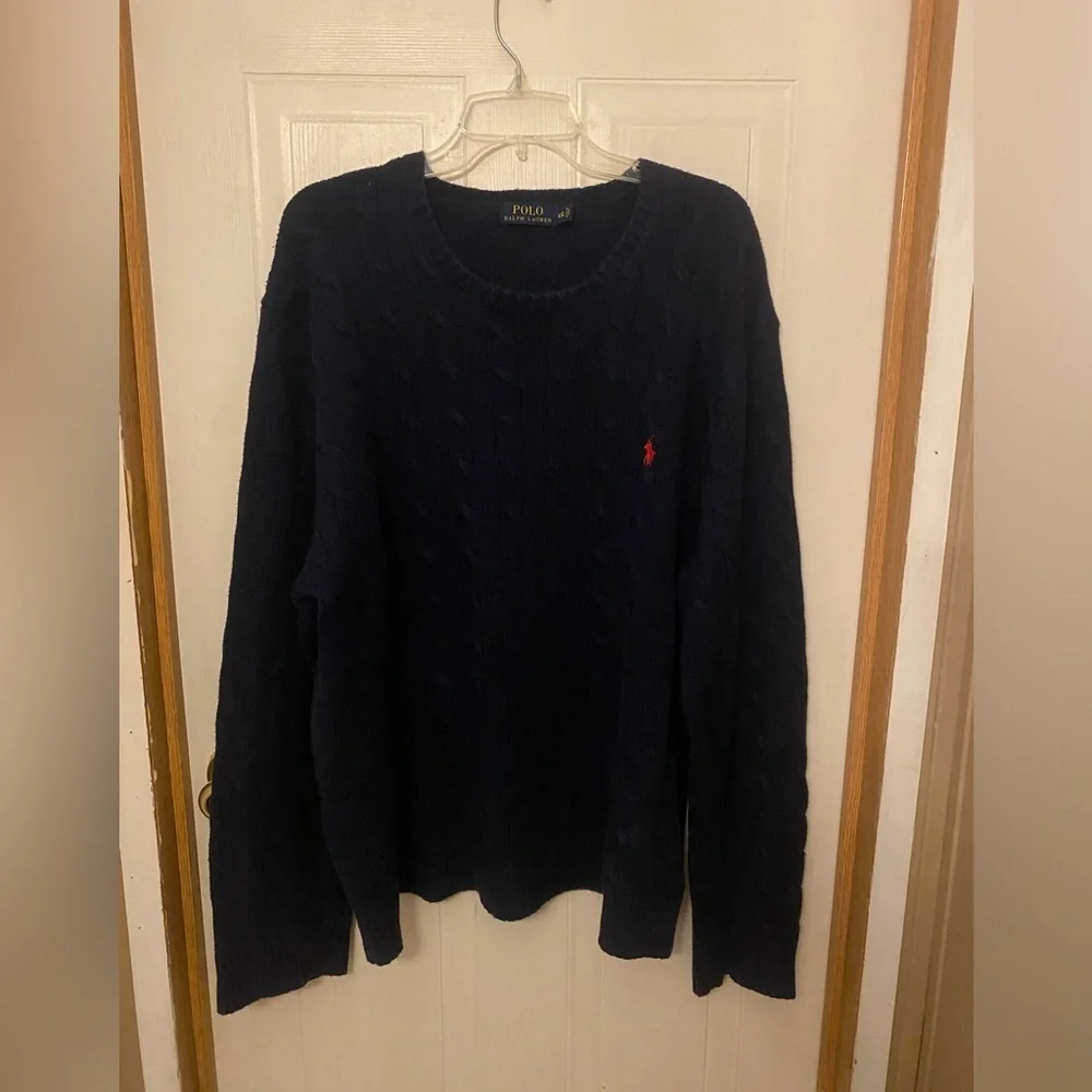 Polo by Ralph Lauren Navy Cable-Knit Crewneck Sweater with Red Logo